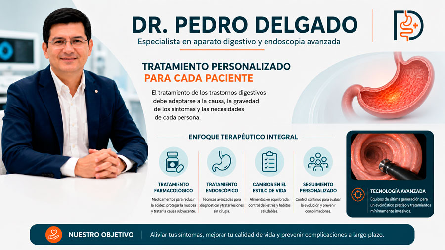 Dr. Pedro Delgado explicando su enfoque personalizado para el tratamiento de trastornos digestivos y endoscopia avanzada.