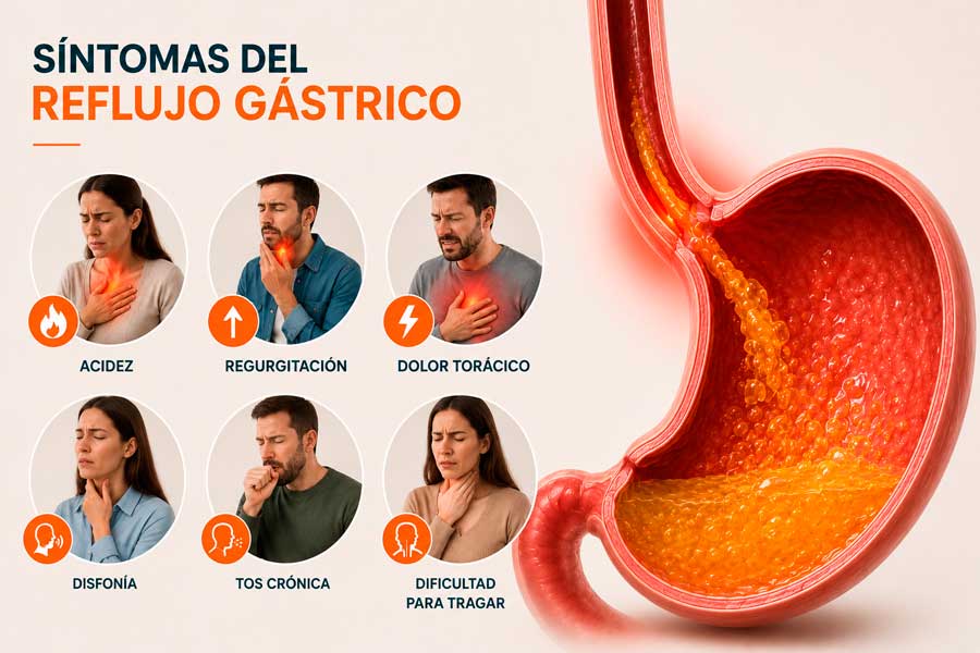 Síntomas del reflujo gastroesofágico ERGE : Acidez o ardor, regurgitación, tos crónica, carraspera, ronquera, sensación de nudo en la garganta, dolor torácico no cardíaco 