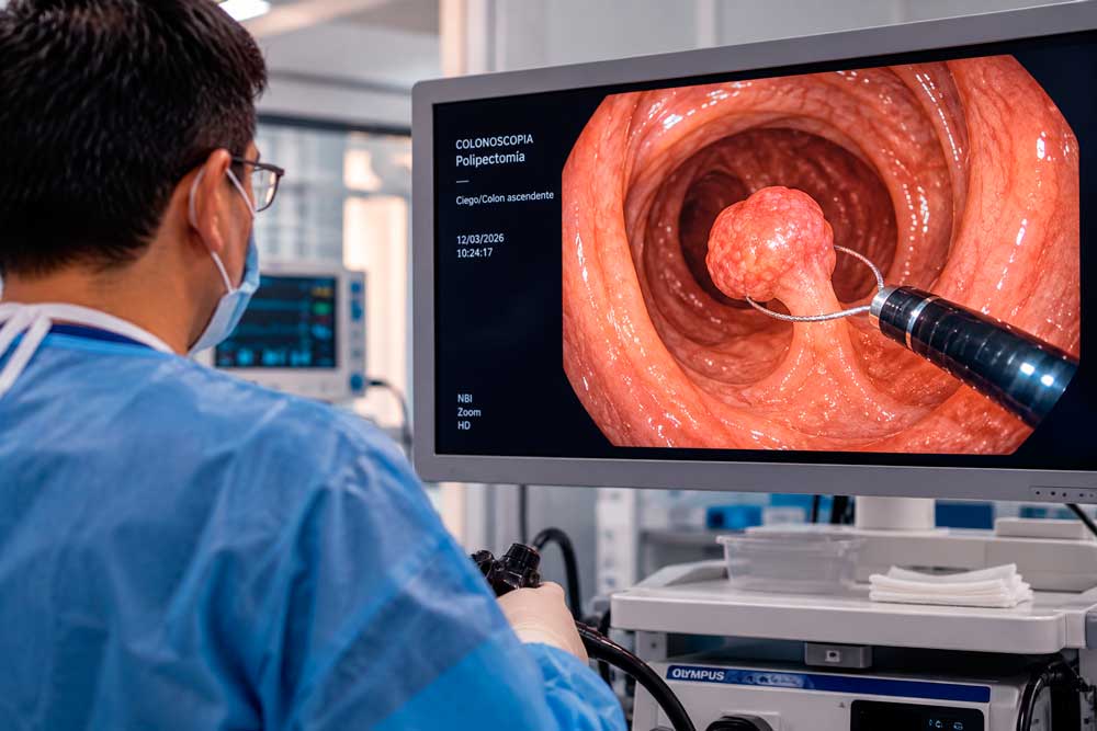 Gastroenterólogo con el equipo de endoscopia antes de una colonoscopia