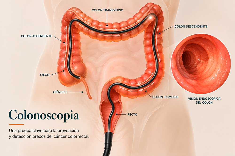 Esquema anatómico del colon durante una colonoscopia y colonoscopia preventiva