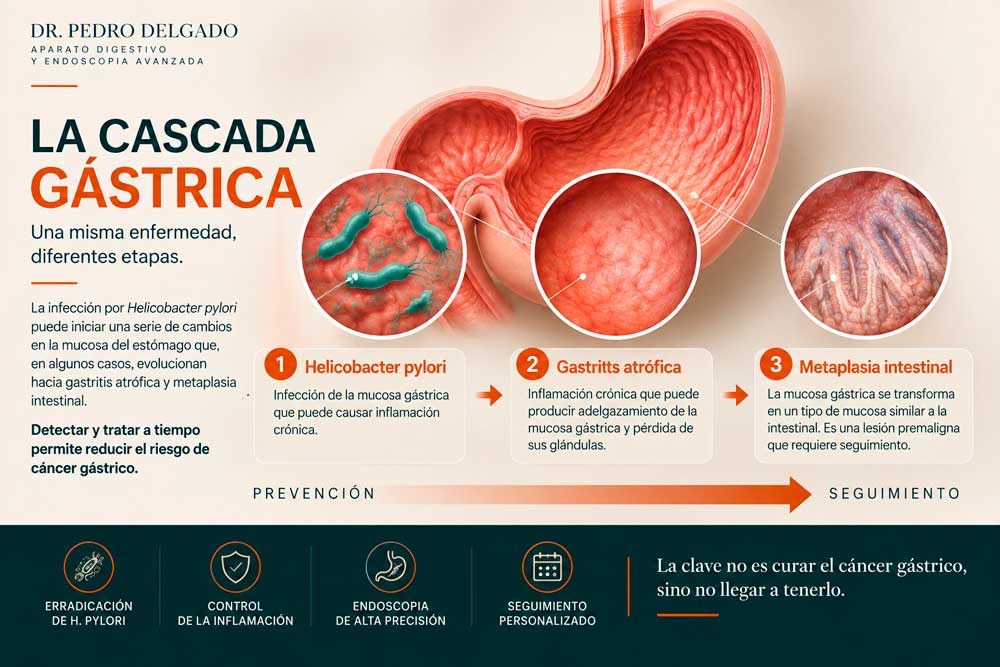Esquema del clúster gástrico Esquema de la progresión de Helicobacter pylori a gastritis atrófica y metaplasia intestinal