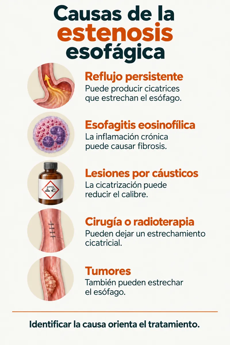 Infografía de esofagitis: dolor y dificultad al tragar, ardor detrás del esternón y tos o ronquera.