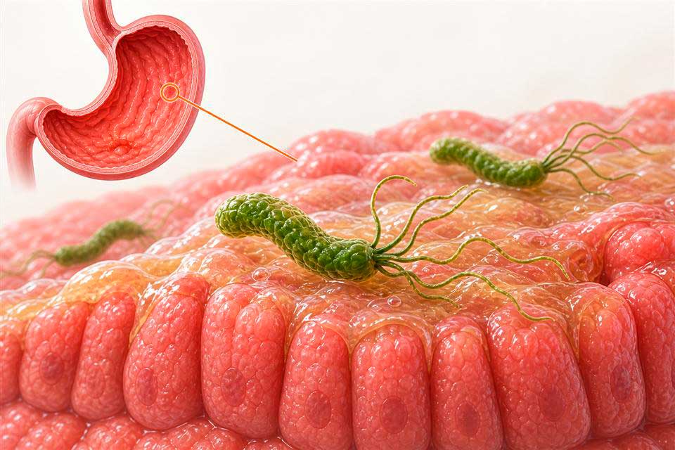 Ilustración de bacterias Helicobacter pylori sobre la mucosa gástrica y un esquema del estómago