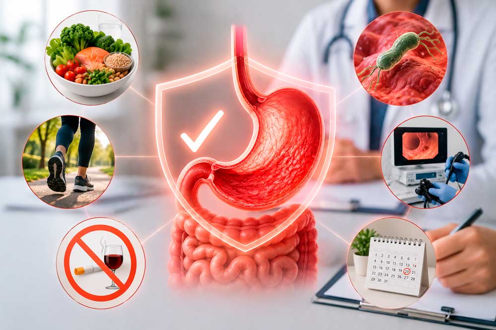 Ilustración de un estómago con símbolos de alimentación, actividad física, Helicobacter pylori y endoscopia