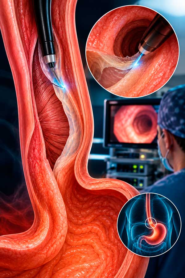 Ilustración del esófago y el estómago con un instrumento endoscópico entre las capas de la pared