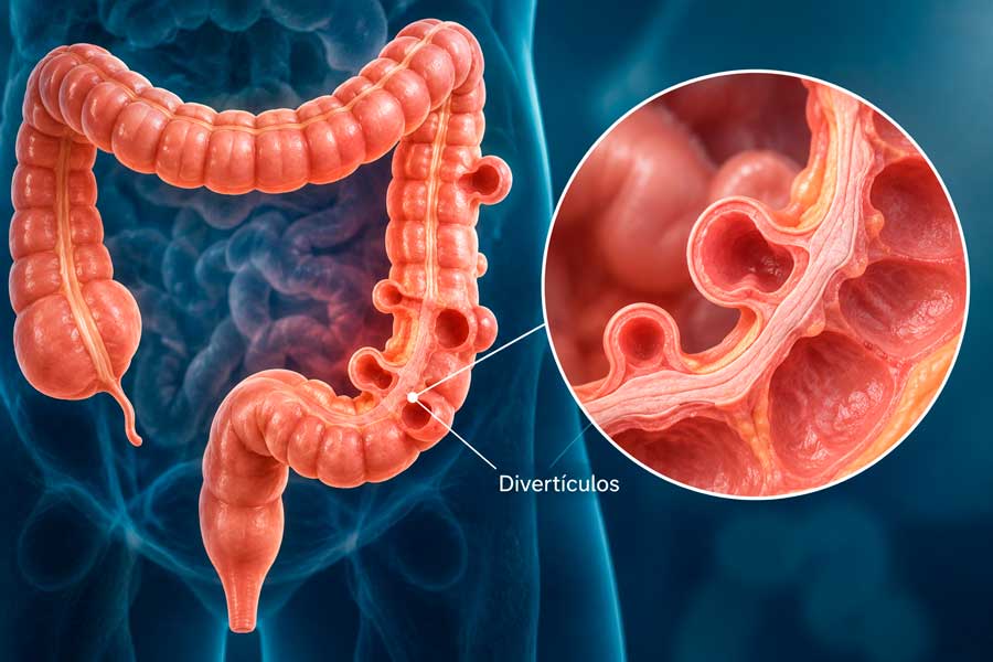 Ilustración del colon con divertículos y detalle ampliado de las bolsas en la pared intestinal