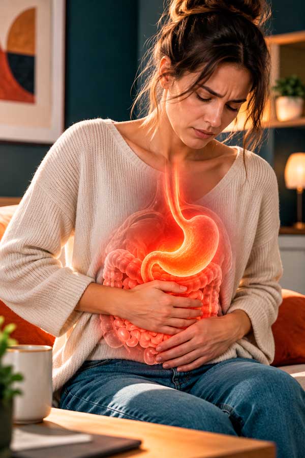 Ilustración de una mujer sujetándose el abdomen, con un esquema luminoso del estómago y los intestinos superpuesto.