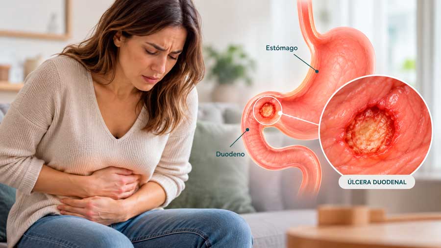 Representación de una mujer con dolor abdominal junto a un esquema del estómago y una úlcera duodenal.