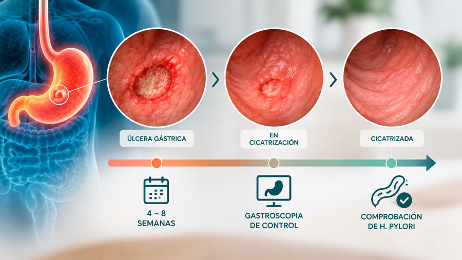 Infografía con tres etapas ilustradas de una úlcera gástrica, en cicatrización y cicatrizada, junto a iconos de seguimiento.