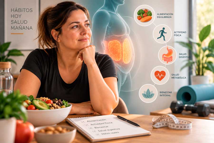 Mujer junto a una ensalada, un cuaderno de hábitos, una cinta métrica y material de ejercicio.