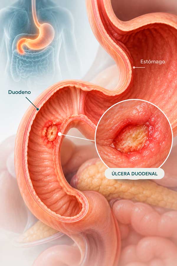 Ilustración del estómago y el duodeno con una úlcera duodenal y ampliación de la lesión.