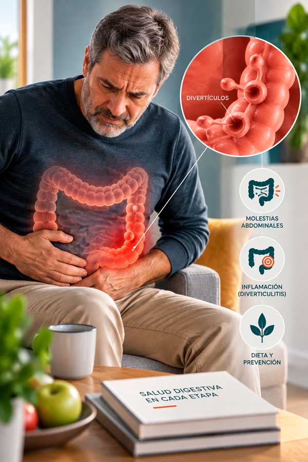 Infografía de un hombre con molestias abdominales y esquemas de divertículos, diverticulitis y alimentación