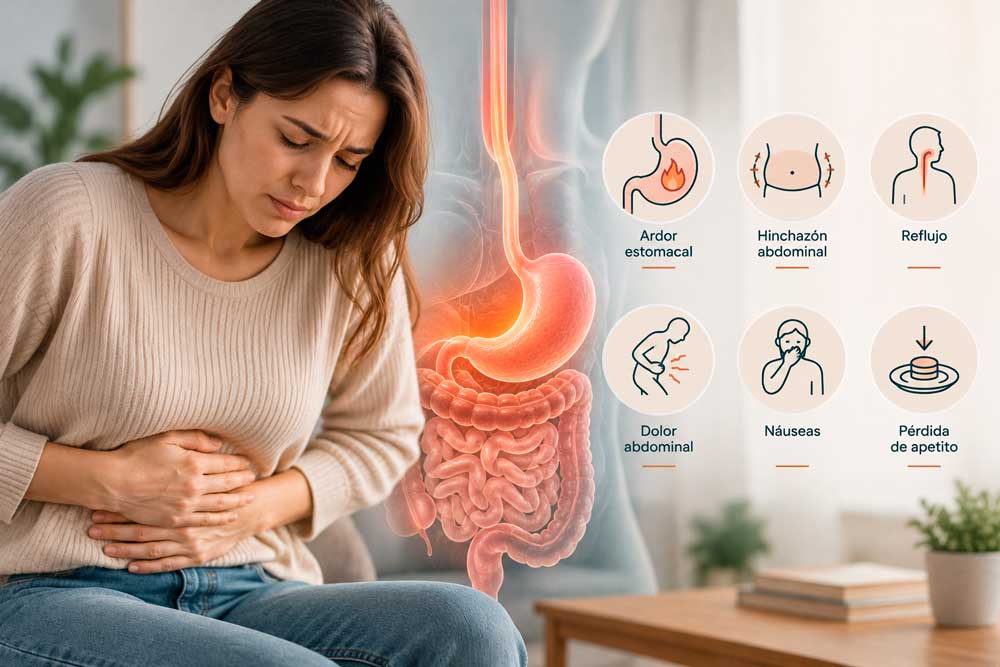Infografía con una mujer con dolor abdominal y seis síntomas: ardor, hinchazón, reflujo, dolor, náuseas y pérdida de apetito.
