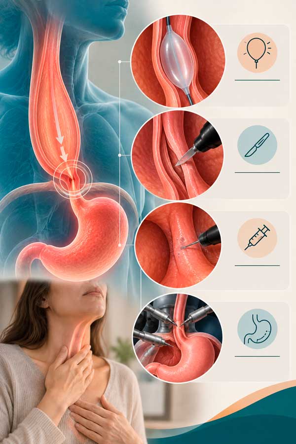 Infografía ilustrativa de la acalasia con esquemas de dilatación con balón, miotomía endoscópica, inyección y cirugía