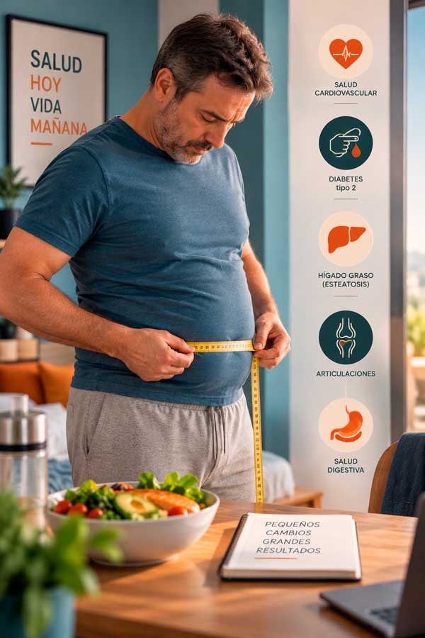 Hombre midiéndose la cintura con una cinta métrica, junto a símbolos de salud cardiovascular y metabólica.