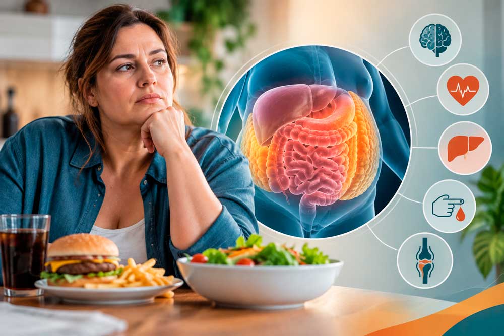 Mujer ante una ensalada y comida rápida, junto a un esquema de órganos y salud metabólica.