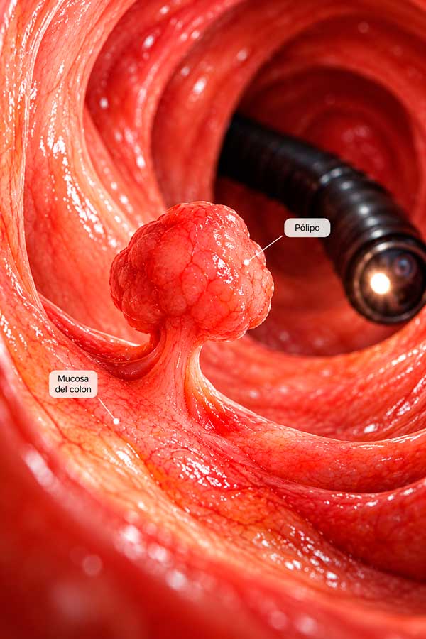 Ilustración de un pólipo sobre la mucosa del colon con un colonoscopio al fondo
