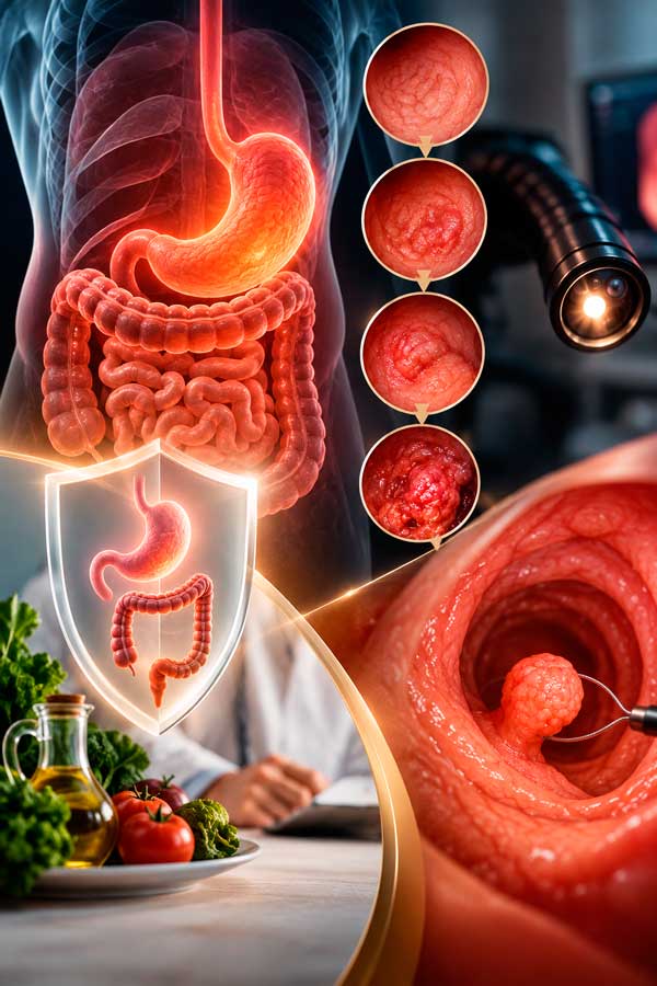 Ilustración del aparato digestivo, un endoscopio, lesiones de la mucosa y alimentos saludables