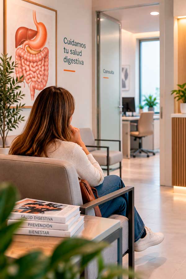 Representación de una mujer en una sala de espera de Digestivo antes de valorar el diagnóstico de una hernia de hiato según sus síntomas