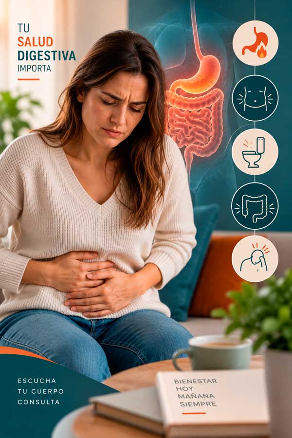 Representación de una mujer con molestias abdominales junto a un esquema del aparato digestivo